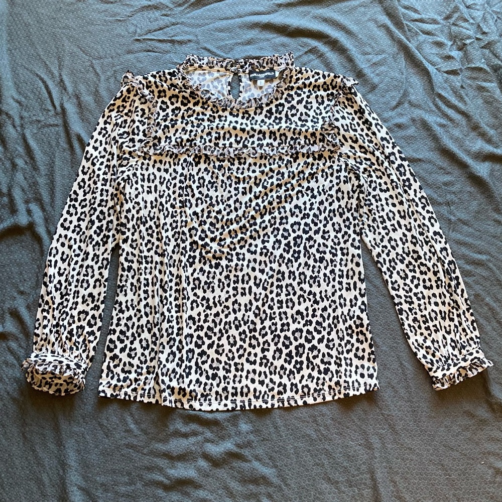 Leopard Print Long Sleeve Ruffle Blouse - White/Black